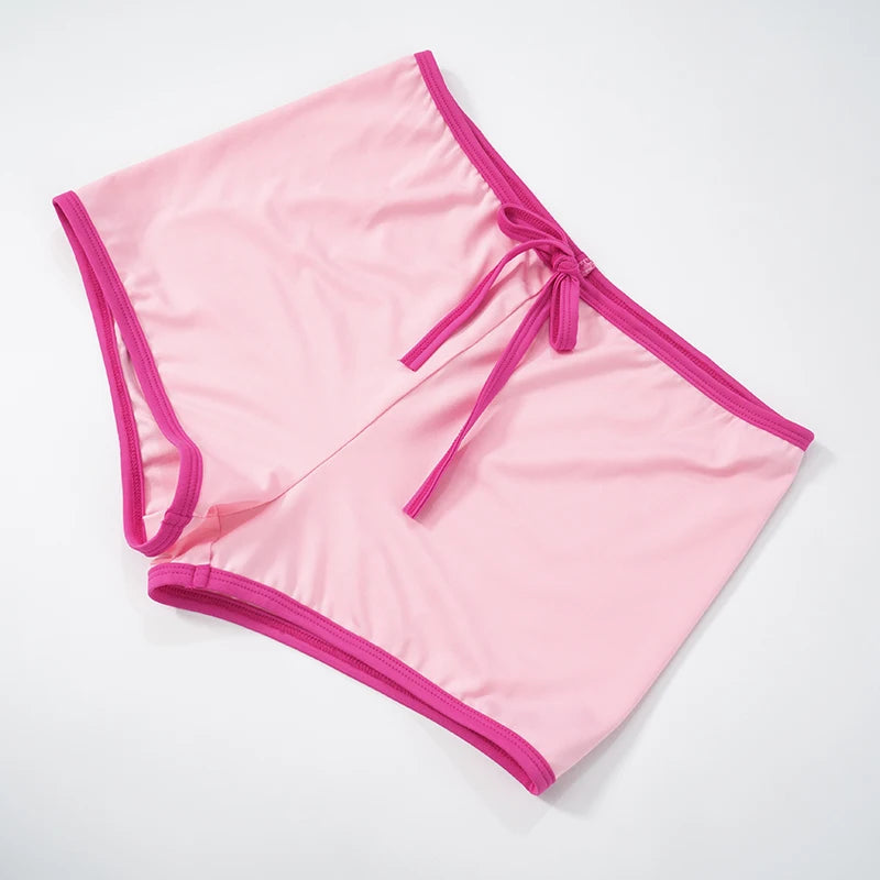 Weird Puss Contrast Bandage 2 Piece Set Women Sexy Halter Mini Bra+Skinny Swim Shorts Vacation Beach Party Style Trend Swimsuits