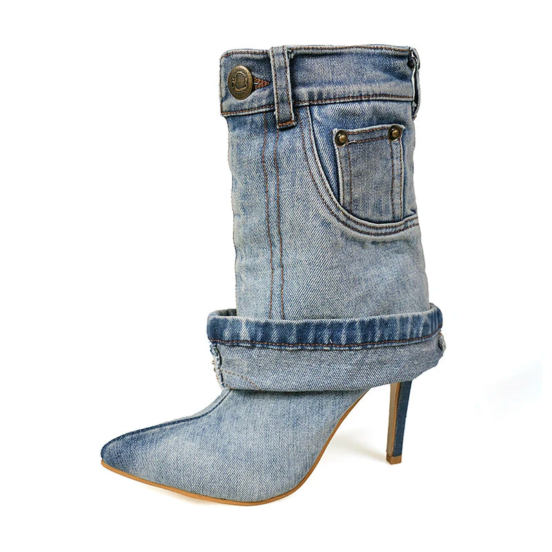 2023 Women's Autumn/Winter Denim Fine High Heel Skirt Boots Fashion Pointed Large Women's Four Seasons Short Boots