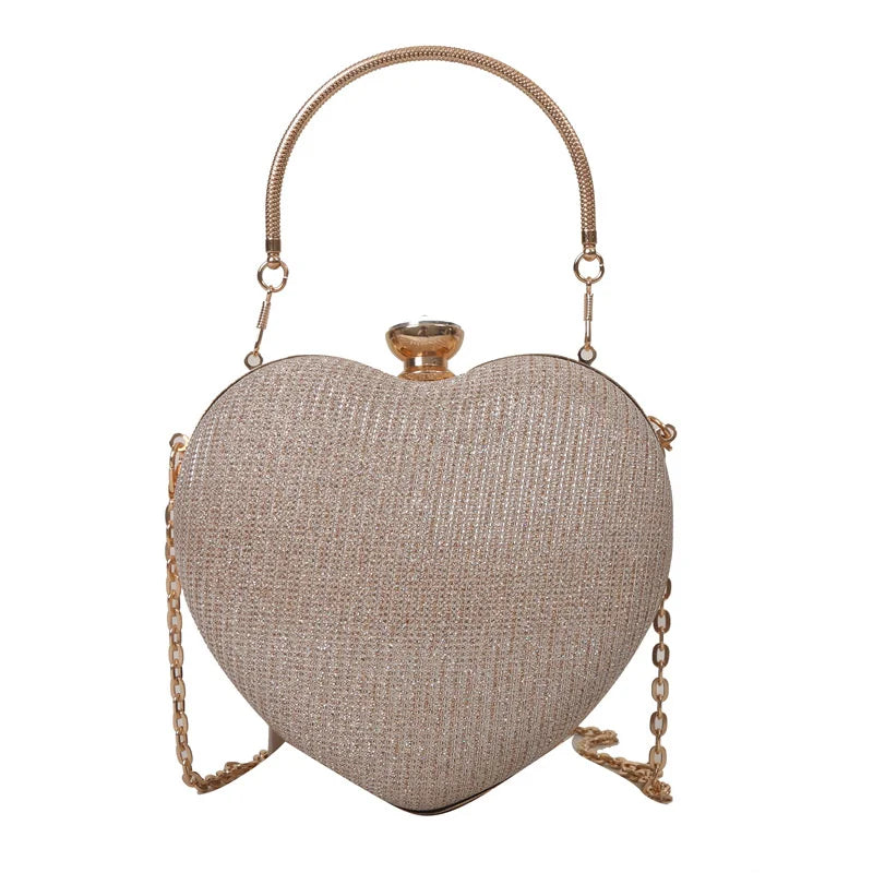 Evening Clutch Bag For Women Shiny Heart Shape Metal Clutch Chain Shoulder Purse