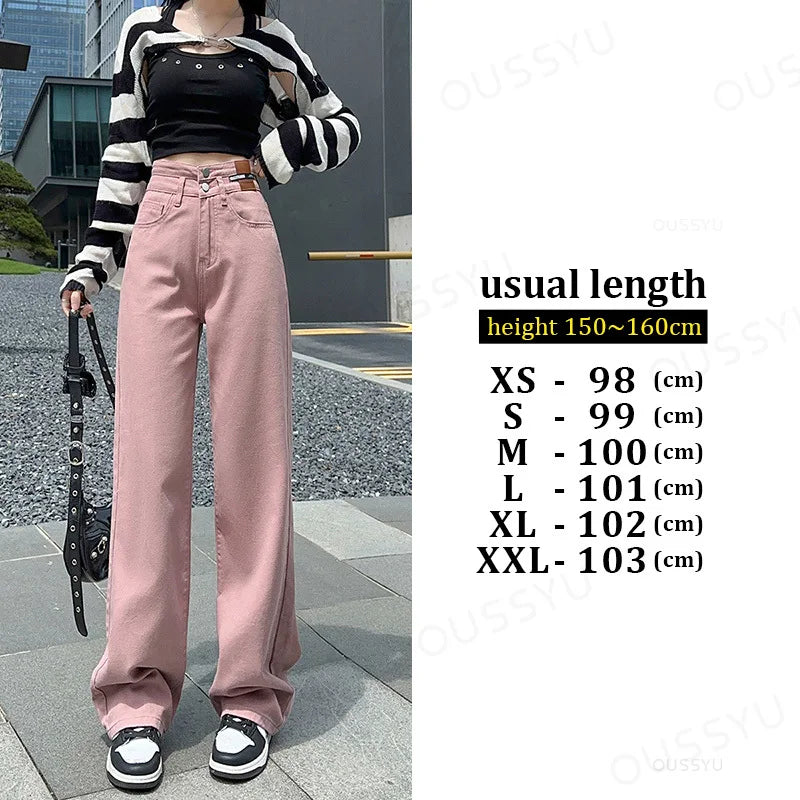 OUSSYU Woman Jeans High Waist Straight Wide Leg Cotton Denim Clothing Blue Streetwear Vintage Fashion Harajuku Women Trousers