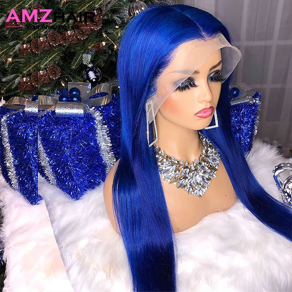 Navy Blue Bone Straight 13x4 Lace Front Human Hair Wigs Brazilian Blue Colored Transparent Lace Front Wigs For Women Pre Plucked