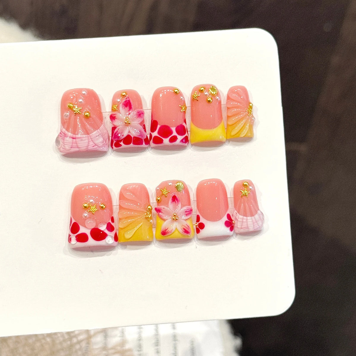 10pcs Handmade Duckbill Press on Nails French Artificial Nails With 3D Flowers Decor Elegant Fake Nails Detachable False Nails