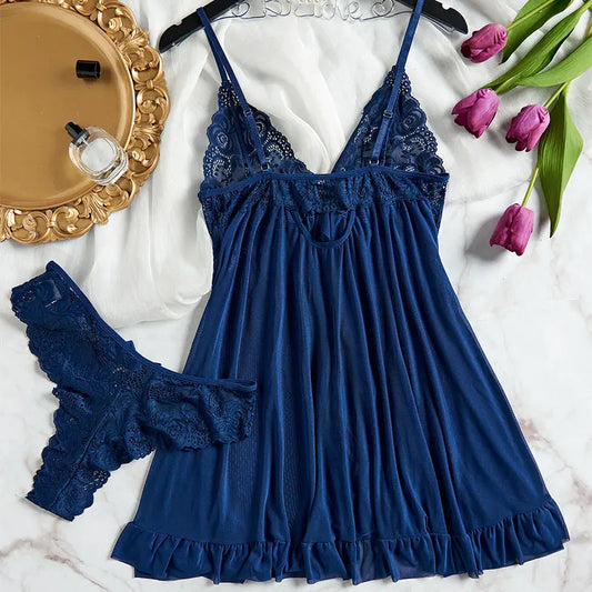 Deep V Lace Push Up Erotic Lingerie Pajamas Set Summer Thinly Woman Nightgown Hot Night Dress Sexy Bra Plus Size Sleepwear Thong