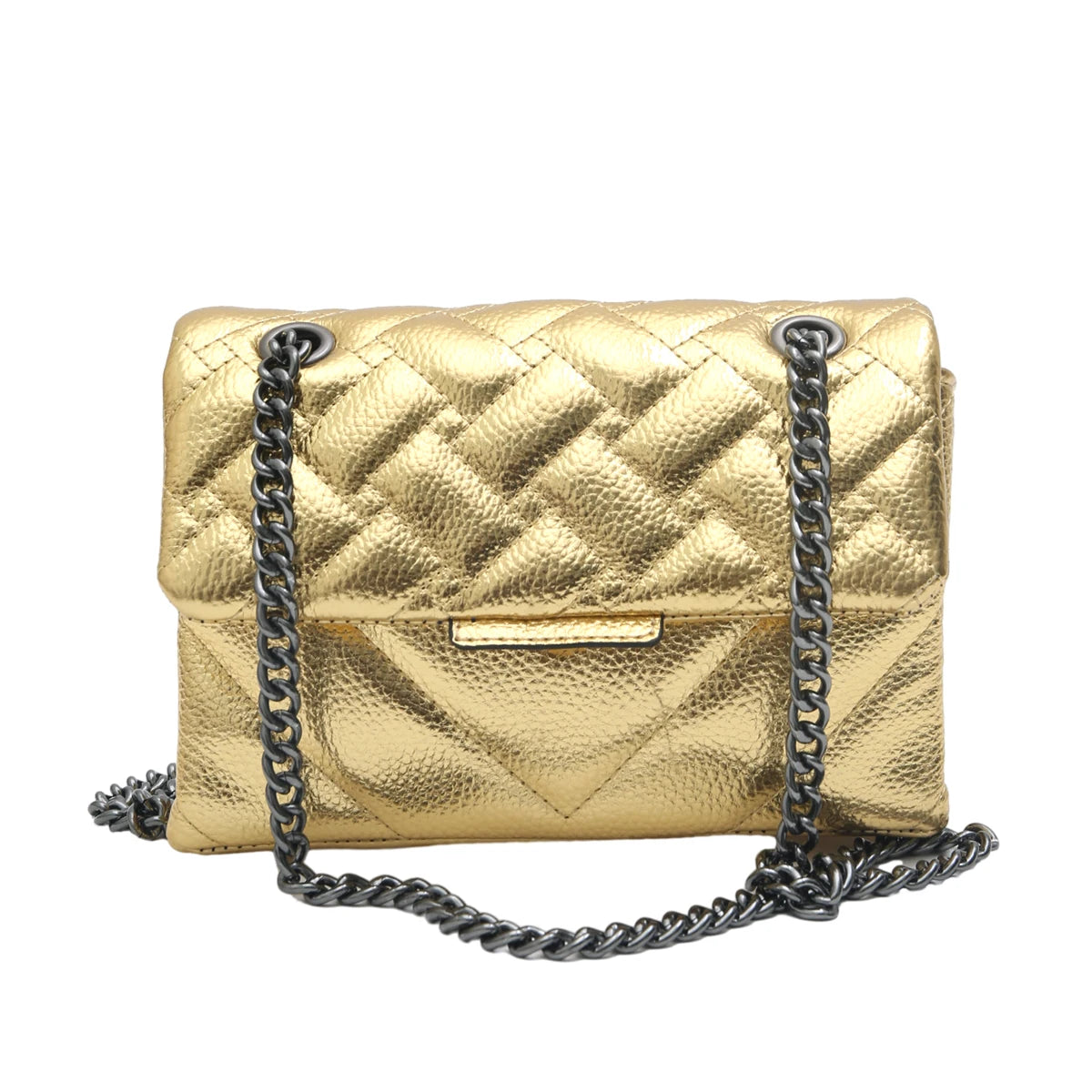 CR Fashion Metallic PU Vegan Leather Handbag For Women Luxury Quilted Flap Messenger Shoulder Bag Long Chain Purse Daily  Travel
