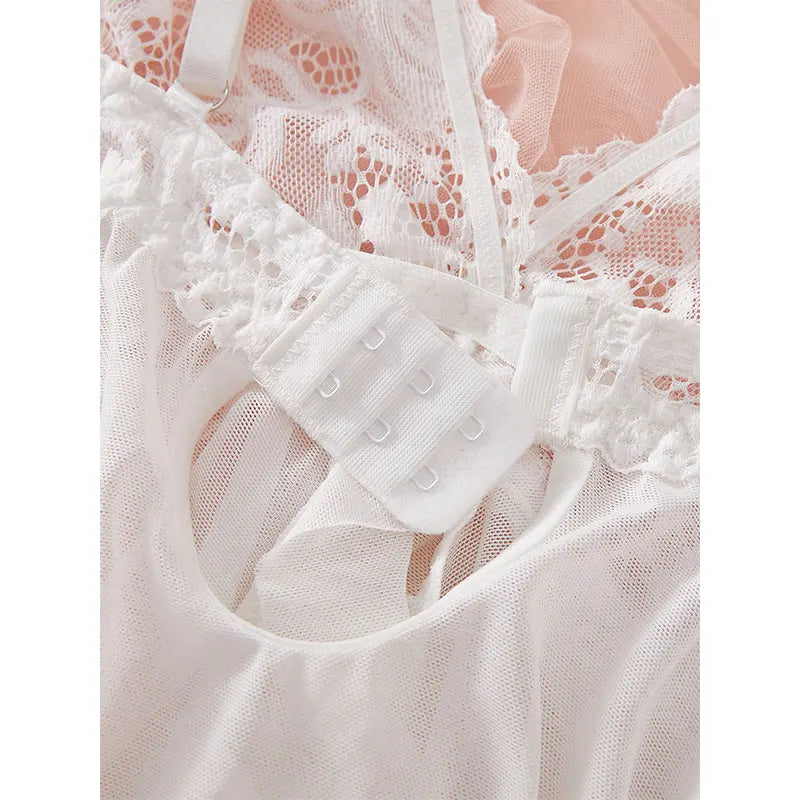 Deep V Lace Push Up Erotic Lingerie Pajamas Set Summer Thinly Woman Nightgown Hot Night Dress Sexy Bra Plus Size Sleepwear Thong