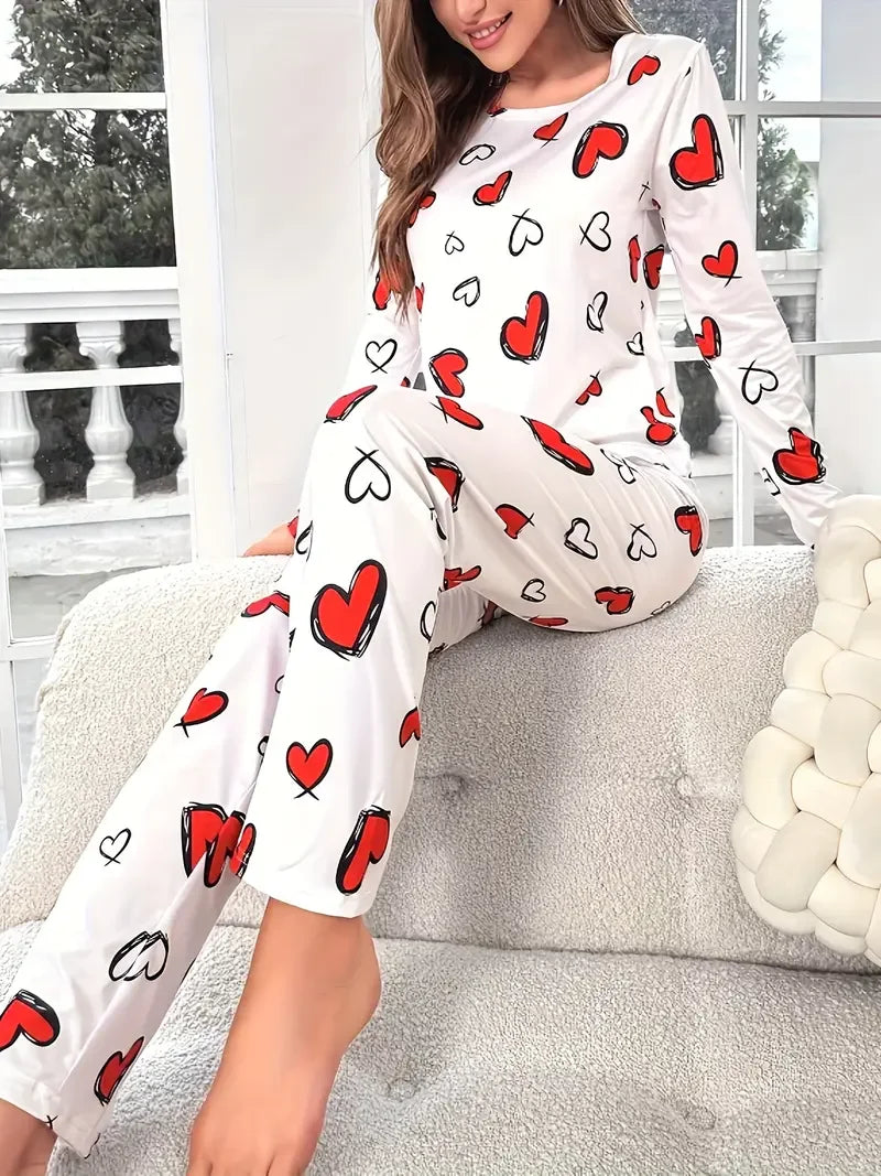 Women Autumn Winter Sleepwear Heart Print Knitted Round-Neck Loose Tops and Elastic Long Pants Pajama Set Loungewear