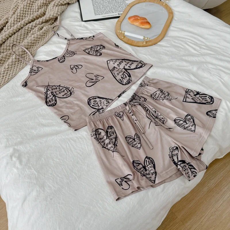 Women's Summer Printed Cami Sleeveless Top and Shorts Pajama Sets Female Soft Breathbale Nightwear Adjustable Belt Sleepwear New