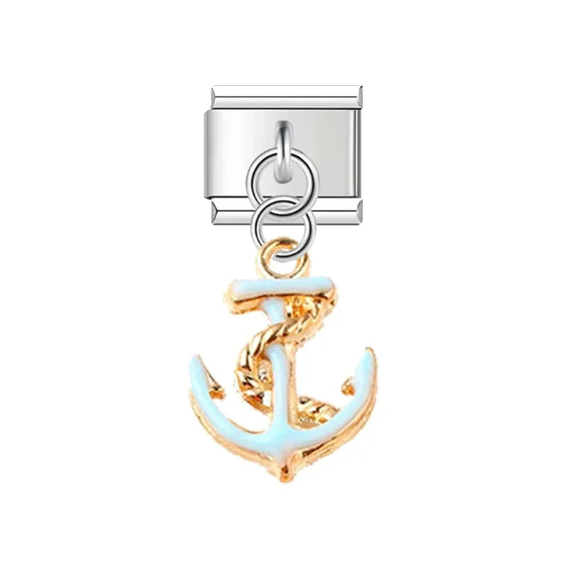 2025 NEW Popular Bow Anchor Pendant Elastic Charm Italian Links Fit 9mm Modular Bracelet Making DIY Jewelry Bulk