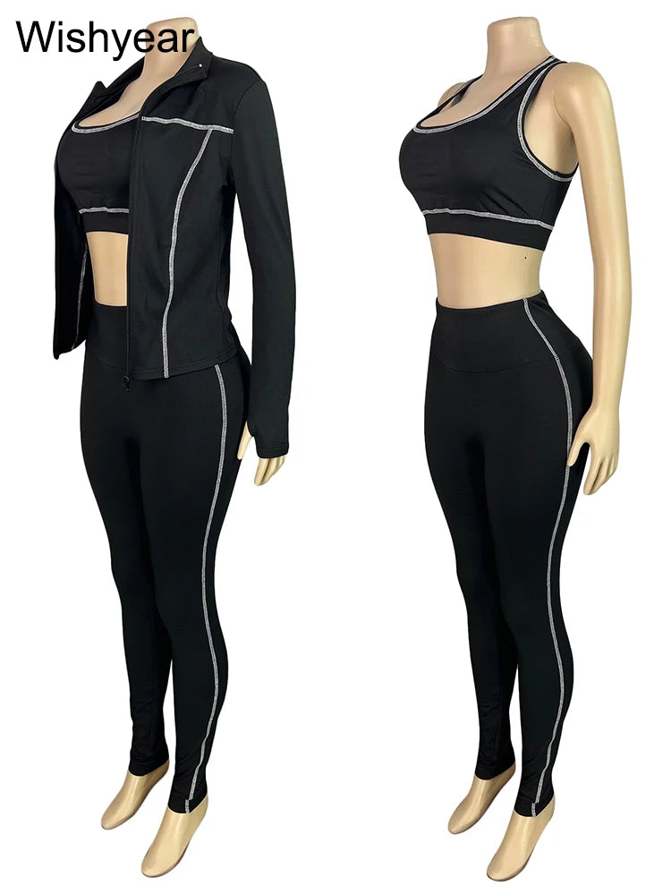 Sports Women's Stripe Pink 3-Piece Pants Set Long Sleeve Crop Top Tank Leggings Skinny Autumn Active Fitness Streetwear Outfits