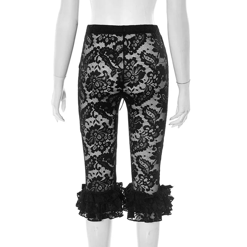 HLJ&GG Y2K Fashion Lace Bandage Hollow Out Two Piece Sets Women Off Shoulder Short Sleeve Slim Crop Top And Ruffle Shorts Outfit