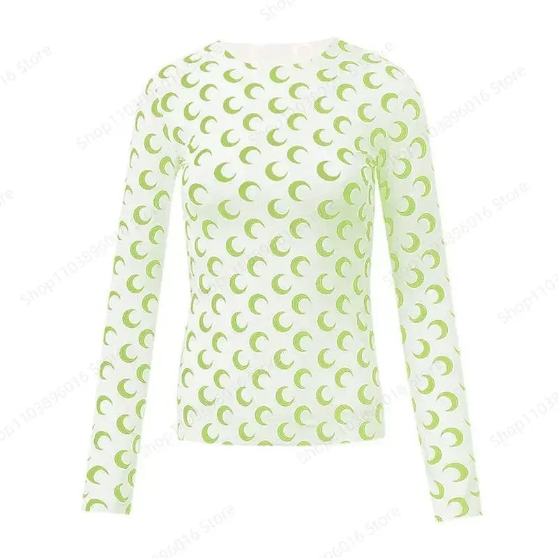 Moon Printed Tshirt Graphic Top for Women Stretchy Slim Korean Fall Spring Long Sleeve Tees Y2k Grunge T-Shirt 2000s Clothes