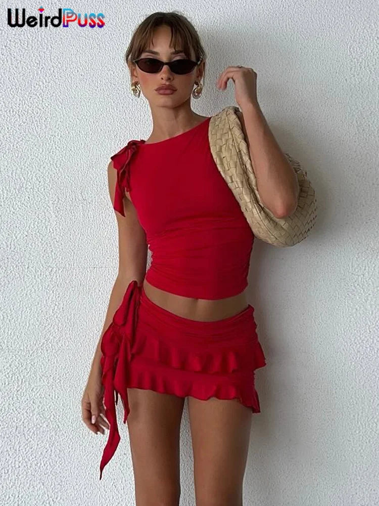 Weird Puss Women 2Piece Set Double-Deck Pleated Tassel Mini Skirt+Bandage Slim Tank Top Festival Party Sexy Matching Outfits