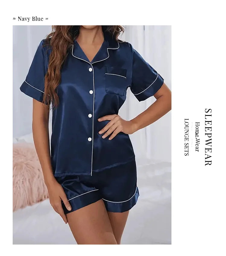 2026 Women Satin Pajamas Set 2-piece Pj Sets Sleepwear Loungewear Button-Down Pajama Women Pajamas Pijama Homewear Shorts Set