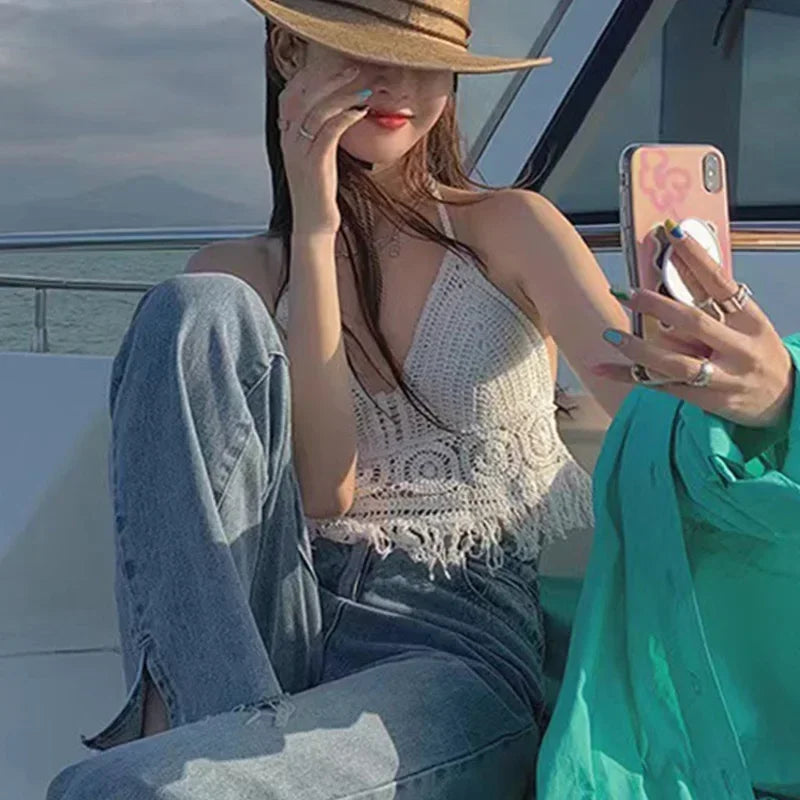 Sexy Boho Beach Holiday Camisole Halter Women Crochet Knit Swimsuit Bra Backless Vest Hollow Tassel Tank Top Women's Crop Tops