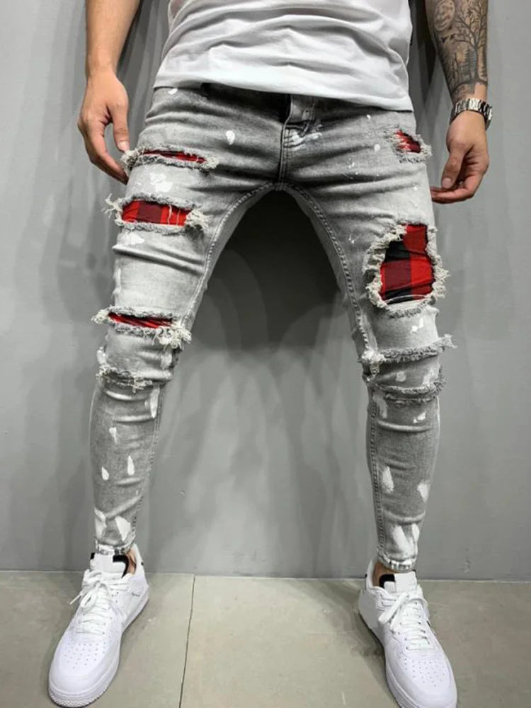 High Quality Fashion Men Painted Stretch Skinny Jeans Slim Fit Ripped Distressed Pleated Knee Patch Casual Men's Brand Clothing