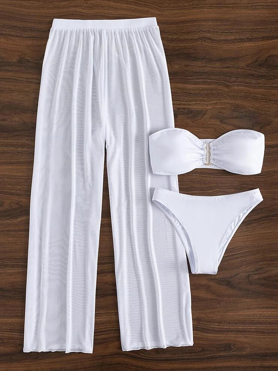 3pcs Tie Front Bandeau Bikini Set 2026 Women Triangle Swimwear Female Printed Swimsuit With Beach Pants Sexy Padded Bathing Suit