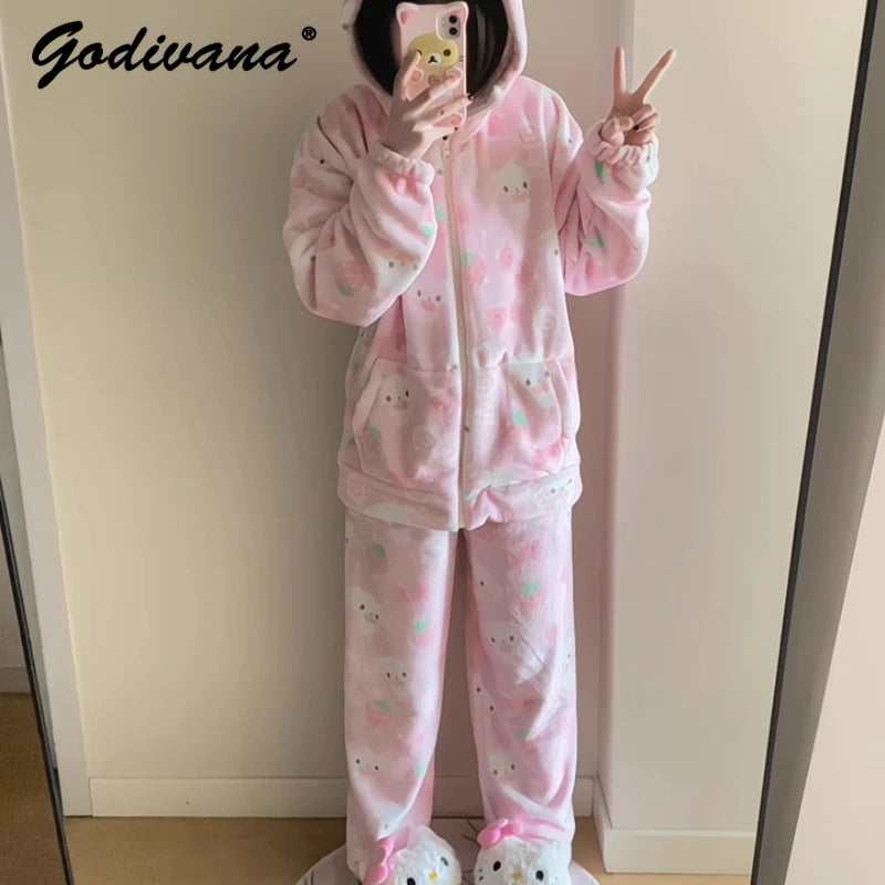 Japanese New Winter Sweet Cute Cartoon Rabbit Flannel Pajamas Set Daughter Girls Pink Thickened Loungewear Women's Sleepwear