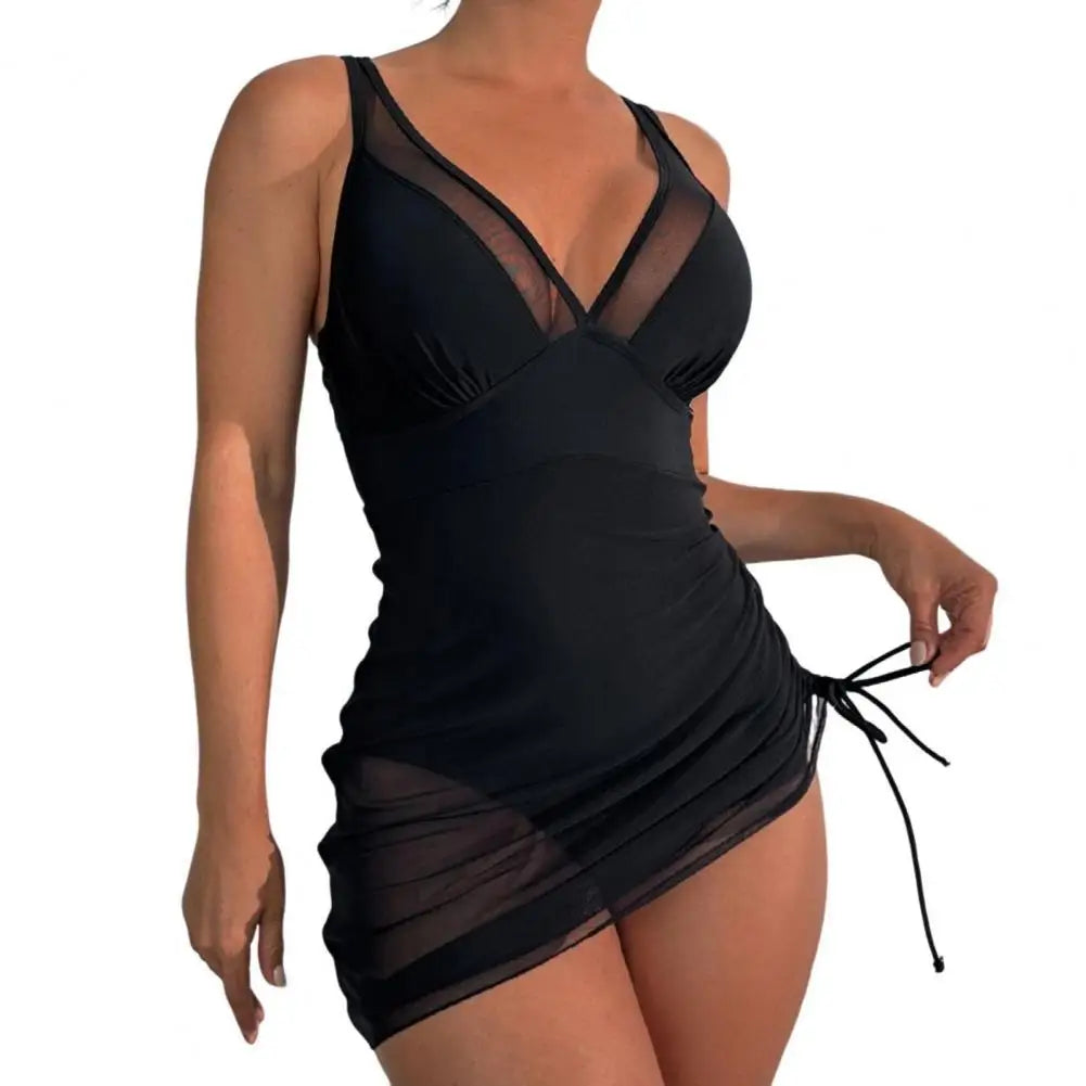 One Piece Women's Swimsuit Solid Color V Neck Tummy Control Swimwear Sexy Mesh Sheer Wrap Bathing Suit For Beach Vacation