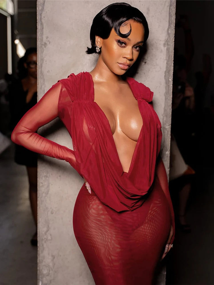 Weird Puss Sexy Thin Mesh Dress Women Deep Swing Collar Ruched Elegant Birthday Prom Party Clubwear Stretch Skinny Maxi Bodycon