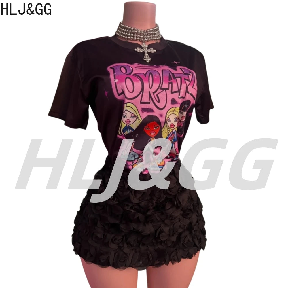 HLJ&GG Fashion Pattern Print Loose Tshirts Two Piece Sets Women O Neck Short Sleeve Top + Fur Mini Skirts Outfits Y2K Streetwear