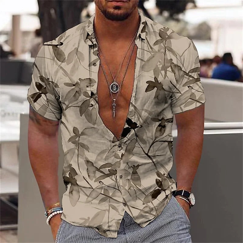 Men's black and gold flower shirts Summer plant print lapel shirt Hawaiian style beach short sleeved button up