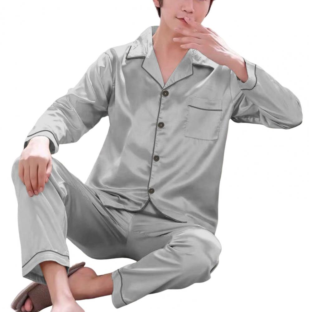 1 Set Men Sleepwear Solid Color Long Sleeved Single Breasted Home Wear Ice Silk Loose Plus Size Pajamas Set For Home