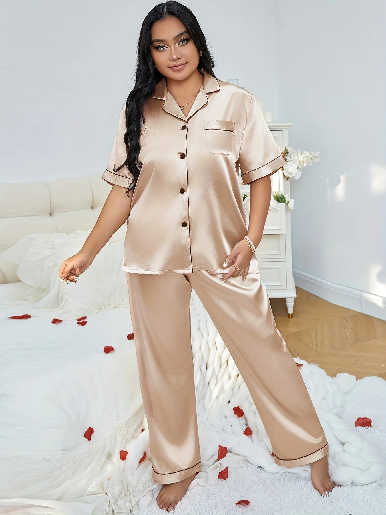 Plus Size 3XL 4XL 5XL Women's Sleepwear Pajamas Set Spring Summer Short Sleeve Trouser Suits Loungewear Loose Satin Homewear