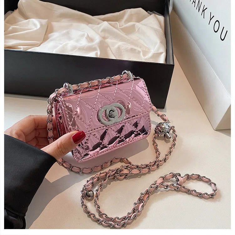 2025 New Arrival Eye - Catching Laser - Patent Mini Crossbody with Gleaming Glossy Chain Strap, Convenient Lipstick Holder