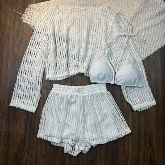 Loose Long Sleeve Swimsuit Hollow Out Pullover Crochet Knit Bathing Suit Beachwear Clothings Beachwear Three Pieces Set Swimwear