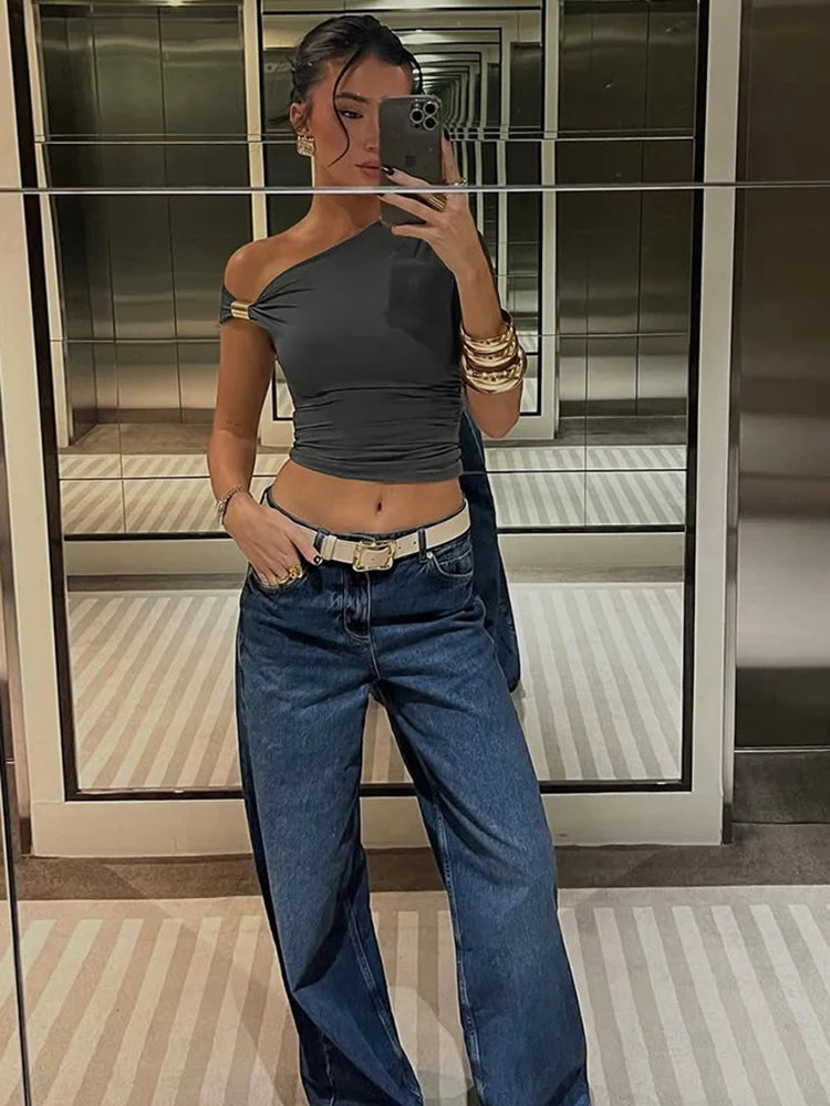 Weird Puss Irregular Off Shoulder T-Shirts Women Ruched Fashion Skew Collar Single Sleeve Daily Casual Solid Simple Streetwear