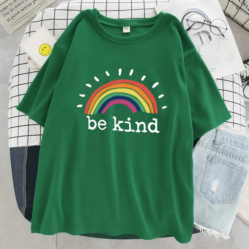 Be Kind A Glowing Rainbow Womens T Shirt Cotton Cool Tshirt Street Oversized Short Sleeve Fashion Breathable Tee Clothes