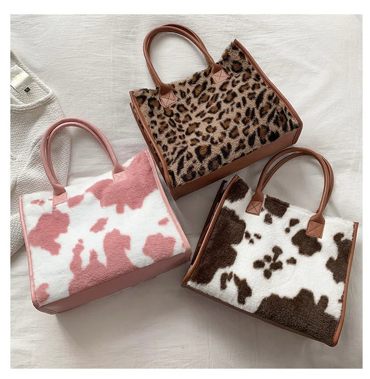 Top-Handle Bags Retro Cow Leopard Print PU Leather Plush Design Autumn Winter Fashion Small Women Small Handbags