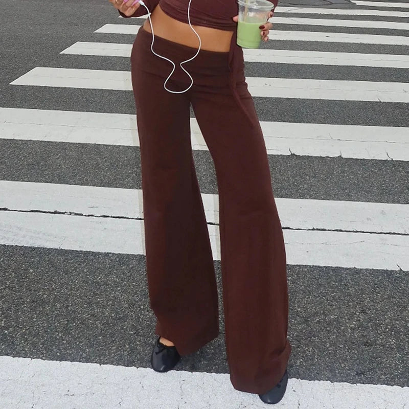 Women Casual Fold‑Over Waist Flare Pants Solid Stretchy Wide Leg Bell Trousers Daily Wear Lounge Y2K Loose Fit Sweat Pants