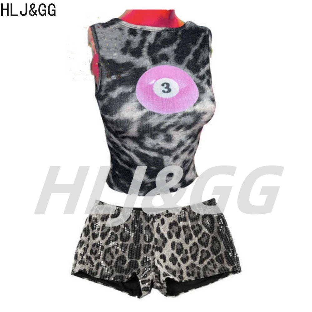 HLJ&GG Sexy Hollow Out Leopard Printing Two Piece Sets Women Halter Bandage Crop Top And Skinny Pants Outfits Fashion Streetwear