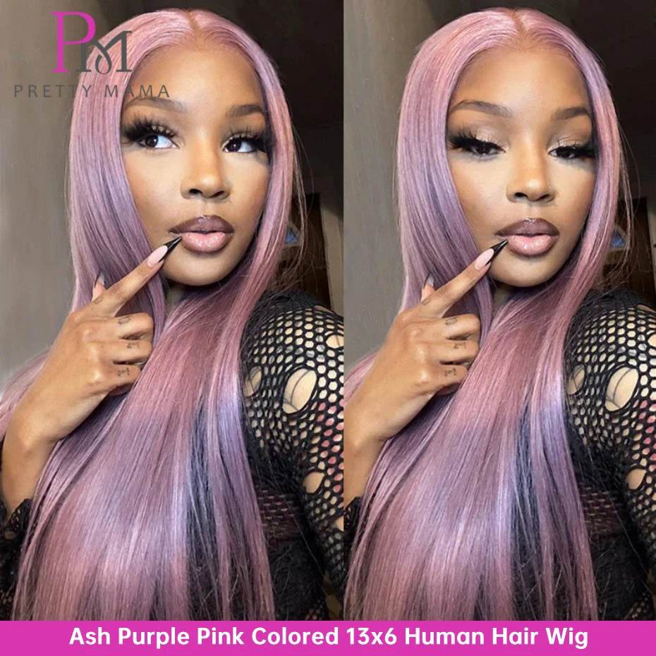 13x6 Ash Purple Pink Human Hair Wig 250 Density Lace Frontal Wig Bone Straight Lace Front Wig Human Hair Rose Gold Colored Wigs