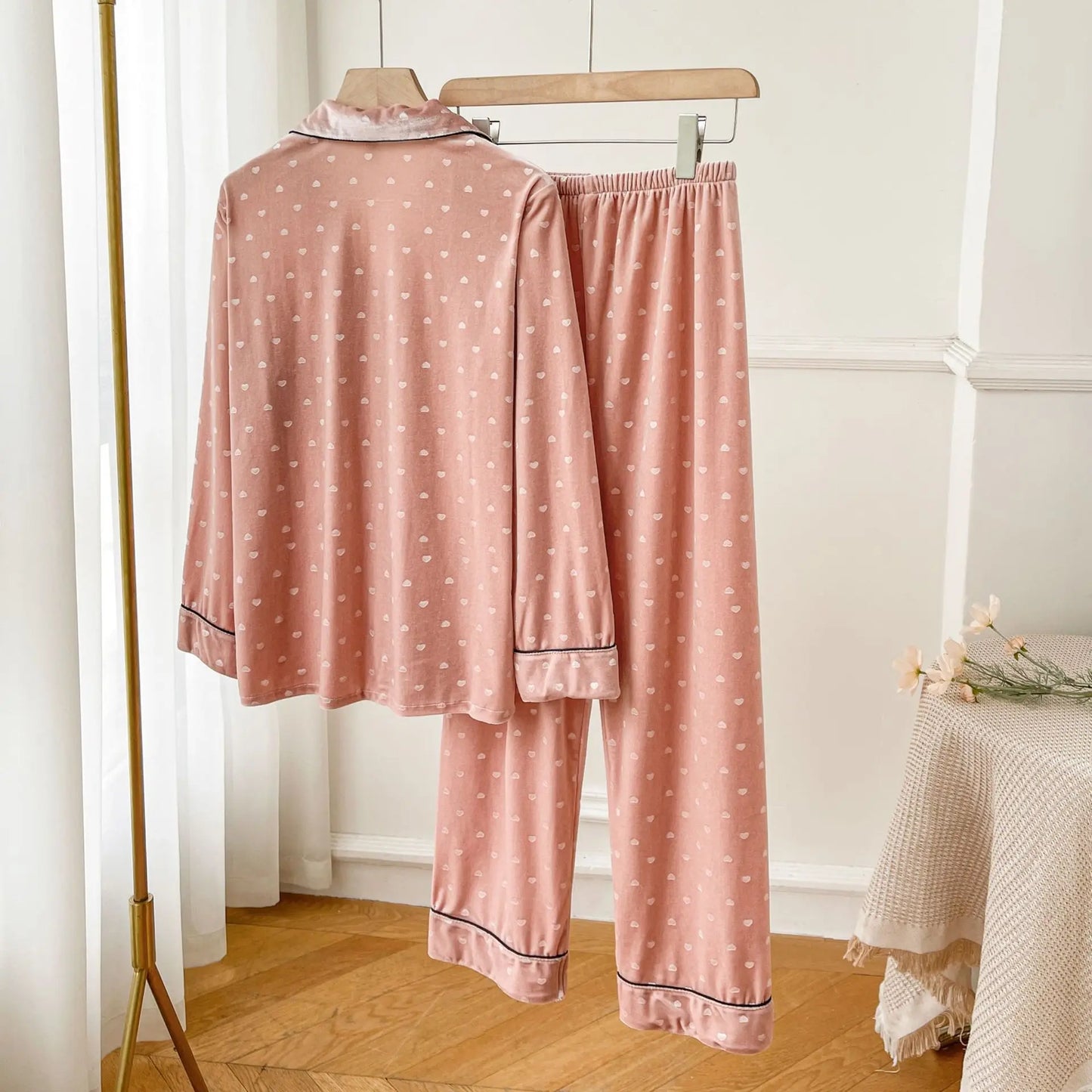 Velvet Dot Print 2Pcs Top&pants Lady Warm Home Clothes Autumn Winter New Pajamas Sexy Trousers Suit Loose Sleepwear Women Pjs