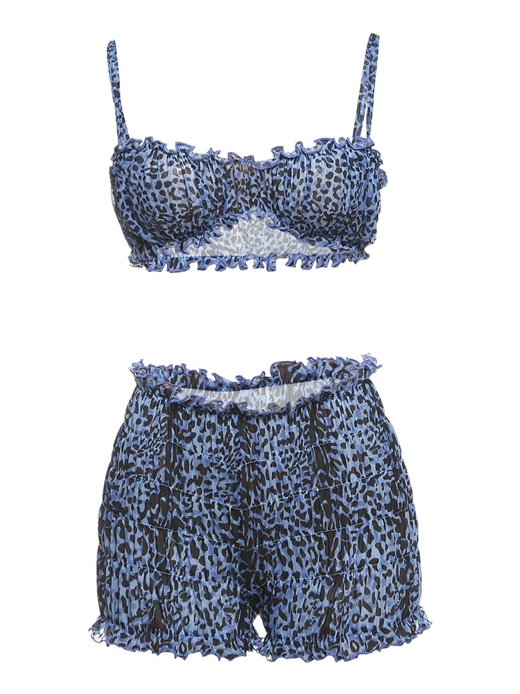 Weird Puss Leopard Print Women 2 Piece Set Sexy See Through Summer Ruffles Camisole+Shorts Vacation Matching Clubwear Outfits