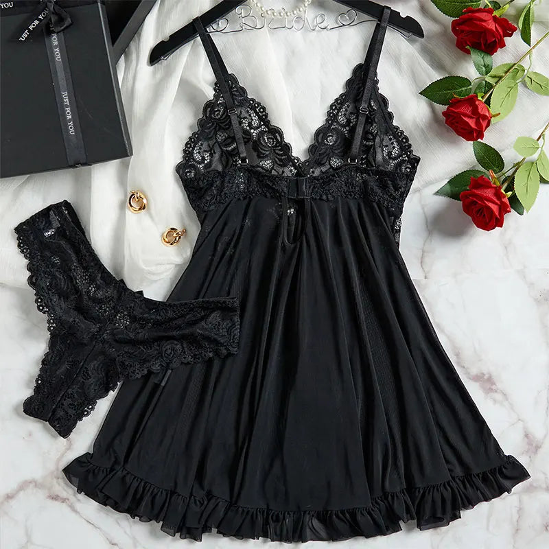 Deep V Lace Push Up Erotic Lingerie Pajamas Set Summer Thinly Woman Nightgown Hot Night Dress Sexy Bra Plus Size Sleepwear Thong