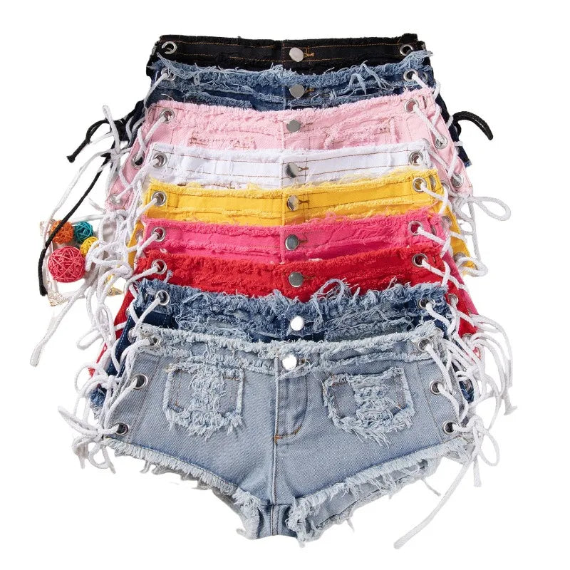 Women's Y2K Low Rise Denim Micro Shorts Lace-Up Side Frayed Booty Shorts for Rave Party Nightclub