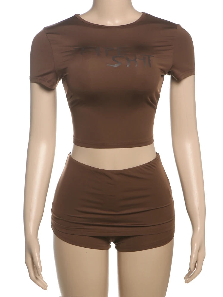 Weird Puss Casual Sporty 2 Piece Set Women Tracksuit Letter Print Short Sleeve Crop Tops+Ruched Shorts Daily Fashion Streetwear