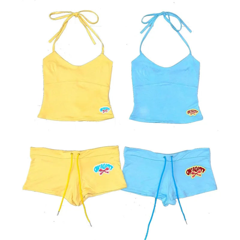 Y2k Summer Dopamine Sexy Hot Girl Beach Strap Tank Top American Super Shorts Two Piece Set