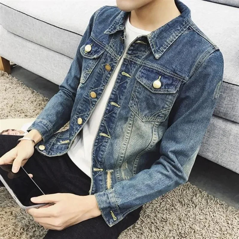 Button Short Casual Slim Cowboy Coat for Men Korean Popular Clothes Denim Jackets Man Loose New In Designer Branded Rock Lxury