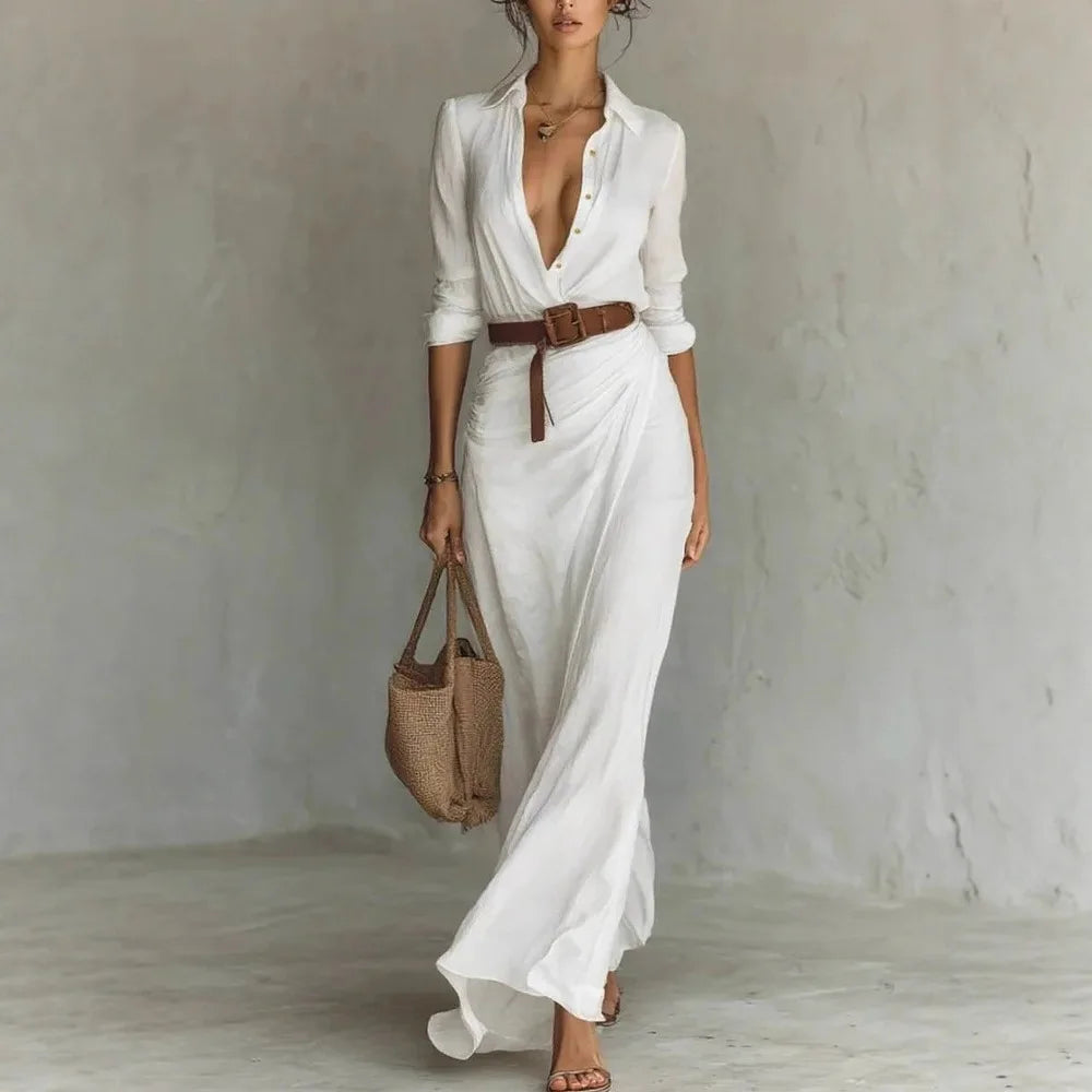 2025 Buttons Draped Chic Party Dress Spring Autumn Women Turn Down Collar Simple Maxi Dress Long Sleeve Elegant Ladies Dress