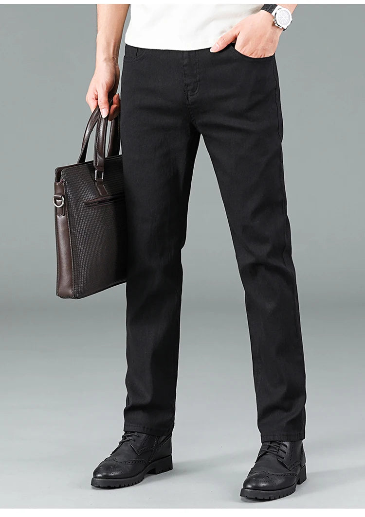 Men's pure black jeans Korean version trendy straight fit pants men's comfortable and elastic classic business denim