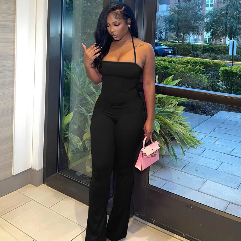 Hugcitar 2025 Spring Halter Solid Sleeveless Backless Sexy Bodycon Flare Pants Jumpsuit Women Casual Rompers Streetwear Festival
