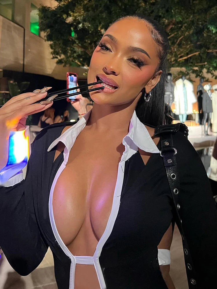 Weird Puss Hollow Backless Women Playsuits Bandage Polo Neck Full Sleeve Skinny Contrast Color Hipster High Street Sexy Romper