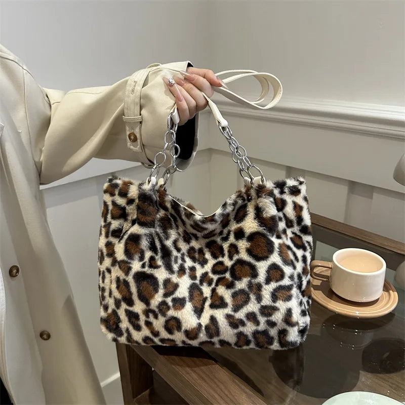 National Style Simple Women Leopard Tote Bag Lady Luxury Fluffy Shoulder Bag Chain Large Capacity Commuter Handle Bag