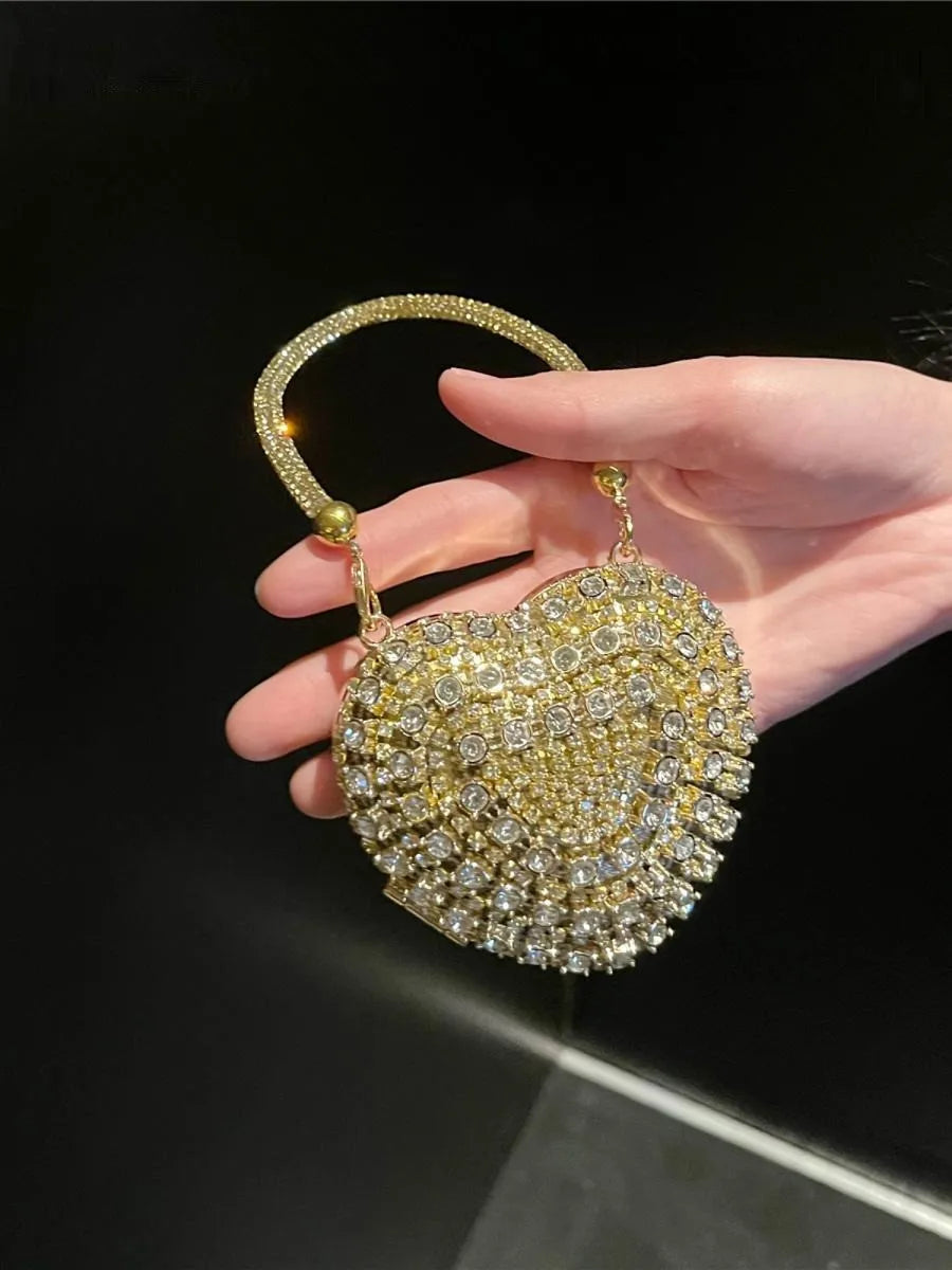 Luxury Small Bling Heart Shape Diamond Evening Clutch Purse For Women Chain Bag