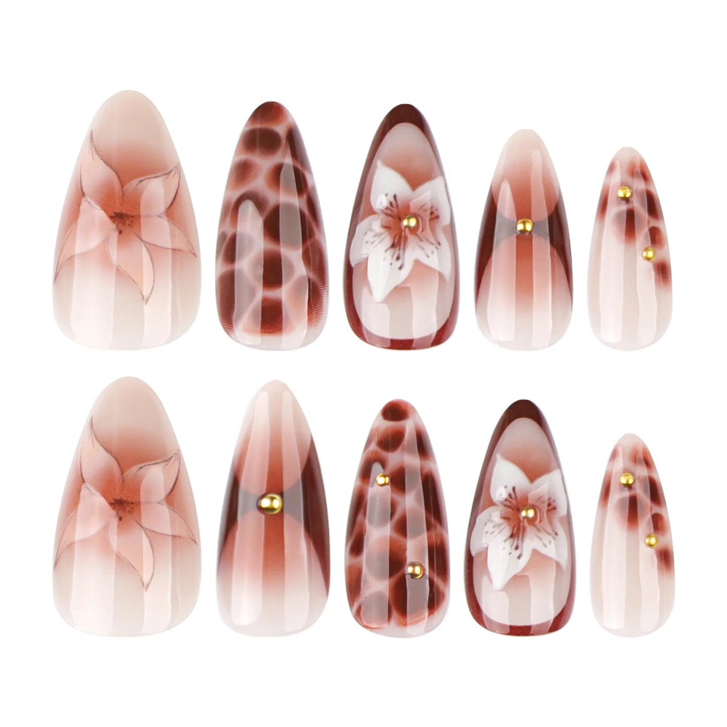 24pcs Retro Brown False Nails y2k Leopard Print Fake Nails Tips Wearable Detachable Spice Girl French Almond Press on Nails