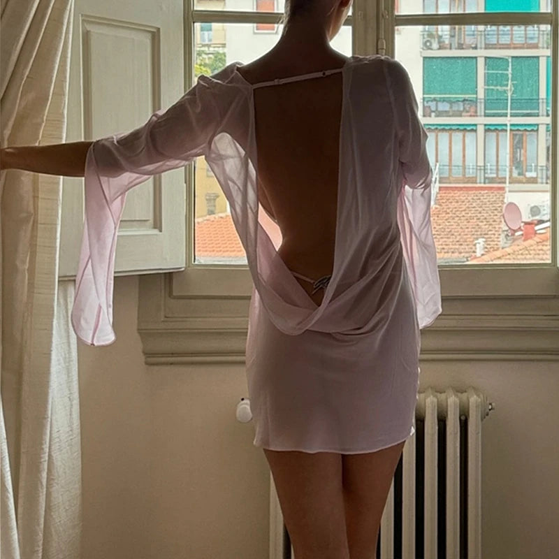 Women Babydoll Lingerie Nightgown Sleepwear Sexy Sheer Mesh Cowl Neck Backless Mini Dress Exotic Nightwear See Through Dress